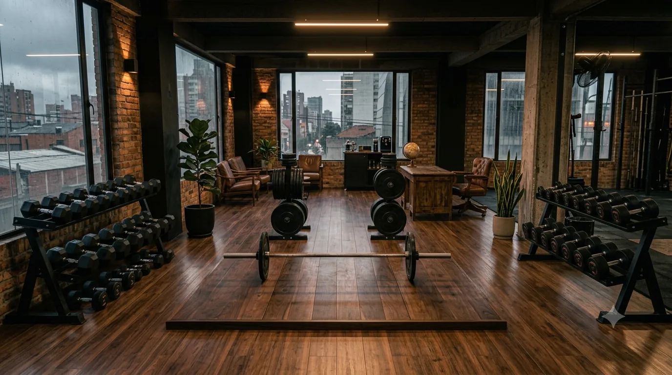 Interior del estudio Fuerza & Forma: suelo de madera, rack de mancuernas y plataforma de levantamiento