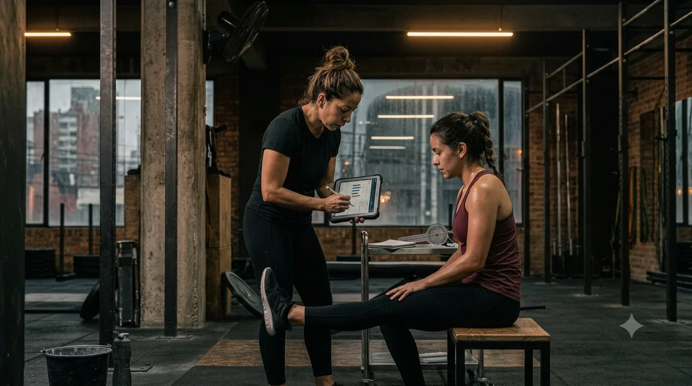 Entrenadora midiendo la movilidad de una clienta con tablet